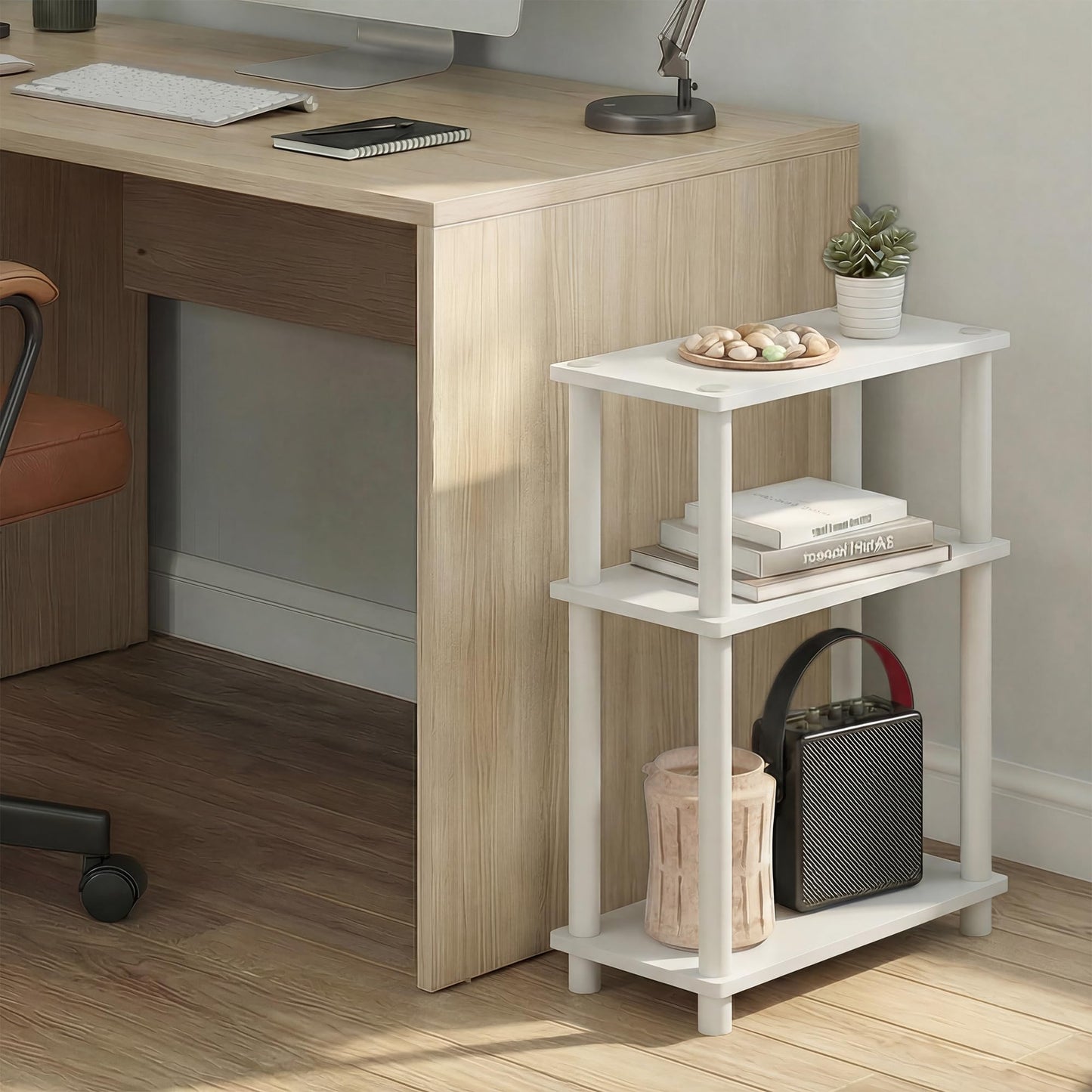 Furinno TURN-N-TUBE Narrow Side Table, 3-Tier Rectangular Modern End Table with Storage Shelf, Slim Toolless Assembly Nightstand, Night Stand
