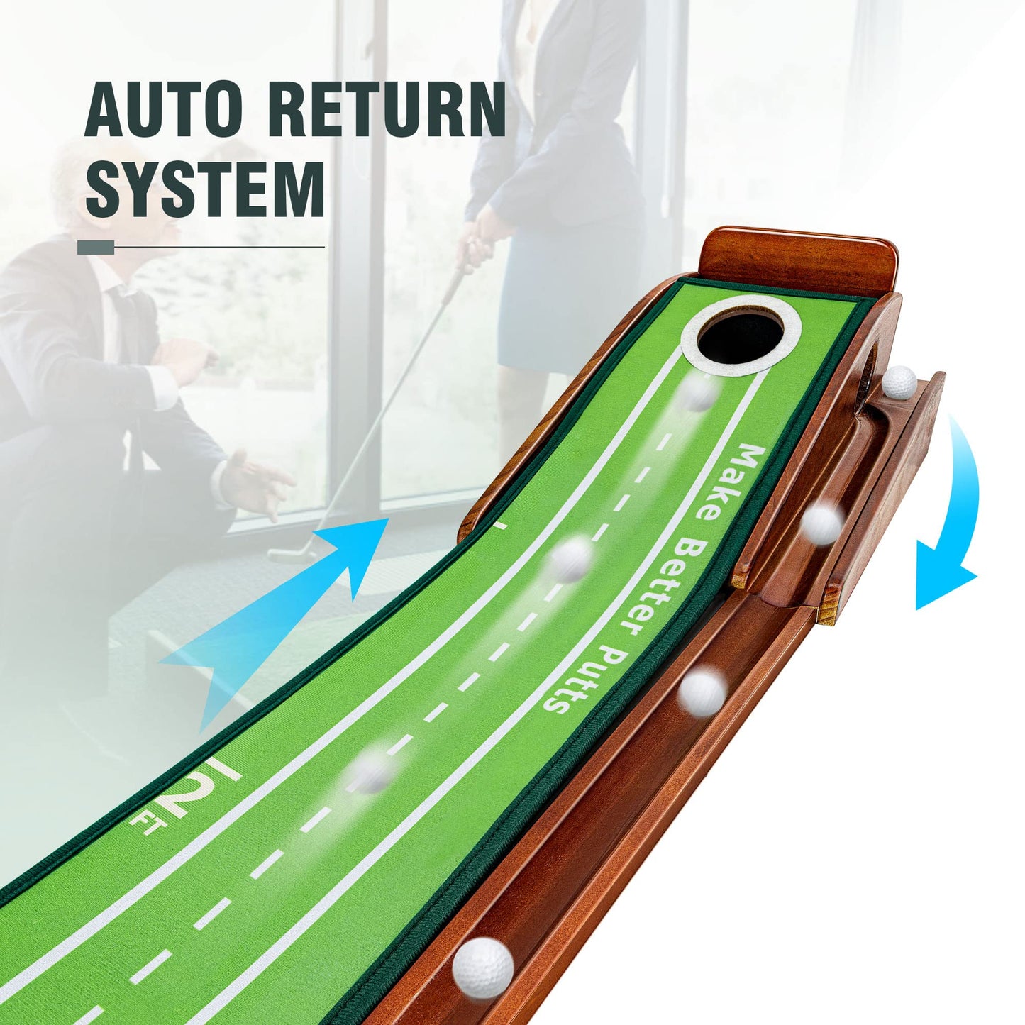 ToVii Putting Green - Indoor/Outdoor Golf Practice Mat with Auto Ball Return, 3 Holes