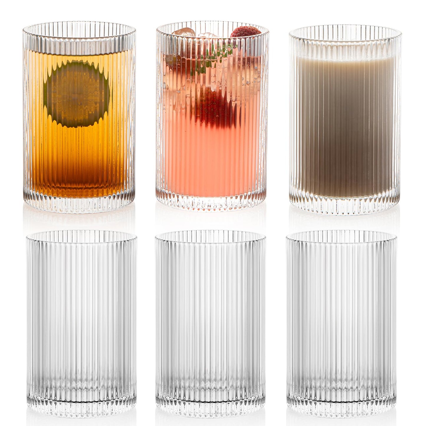 POLIDREAM Vintage Ribbed Glassware Set: 6pcs 16.9oz Drinking Glasses, Fluted Ripple Drinkware, Origami Style, Elegant Glassware for Whiskey, Cocktail,