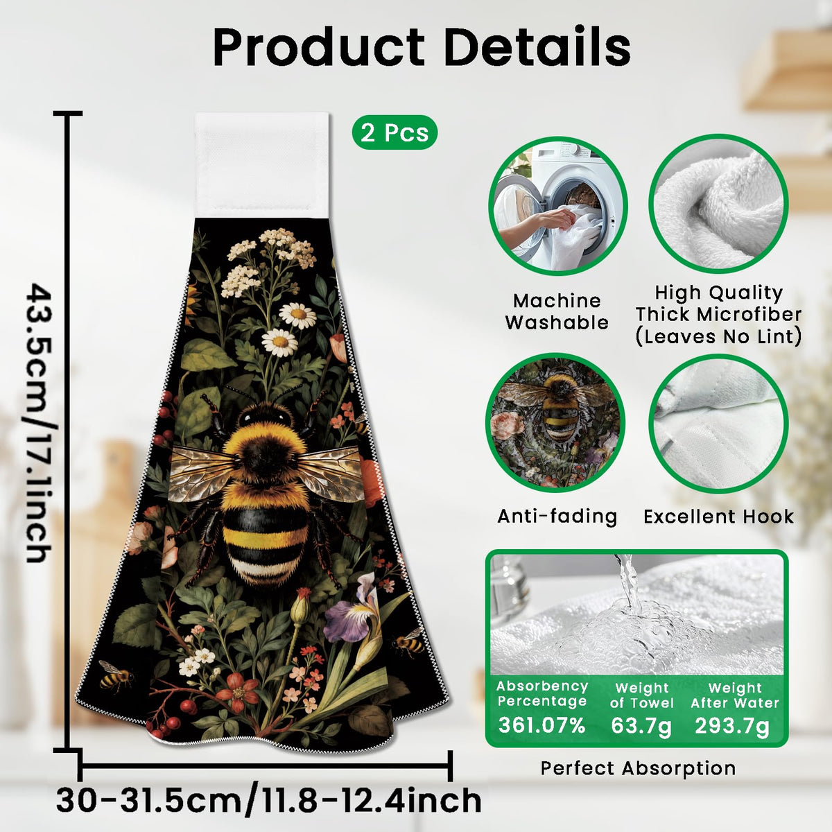 CUTHOLLOW 2 Pcs Bees and Flower Hanging Kitchen Towels with Loop