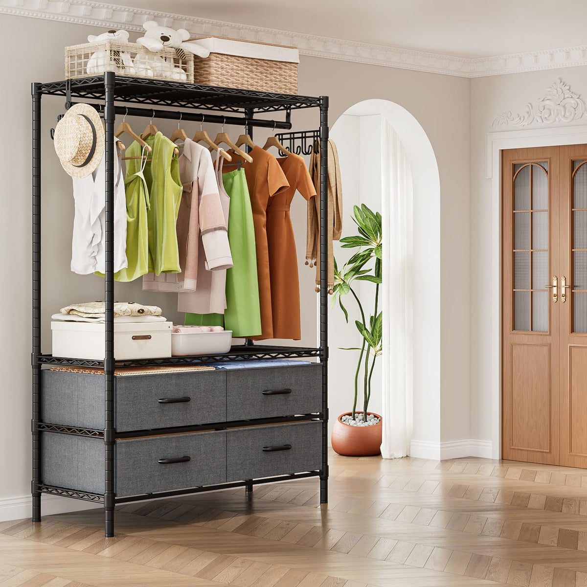 FTEYUET Clothes Rail Heavy Duty for Hanging Clothes with 4 Fabric Drawers