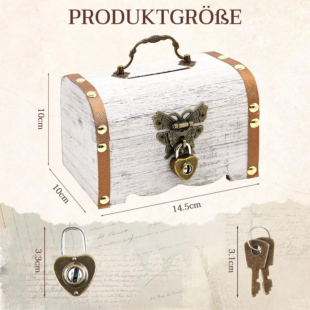 Forbabe Treasure Chest Wooden White Small Money Box with Lock 14.5 x 10.5 x 10.3 cm