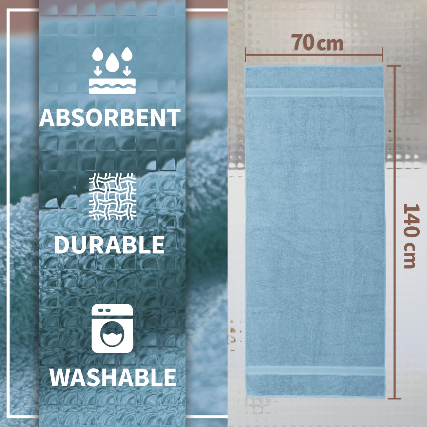 NatureMark Pack of 2 Bath Towels - 100% Cotton, 500 g/m² - Soft, Absorbent & Durable - For Home, Sauna & Travel - 70 x 140 cm, Light Blue