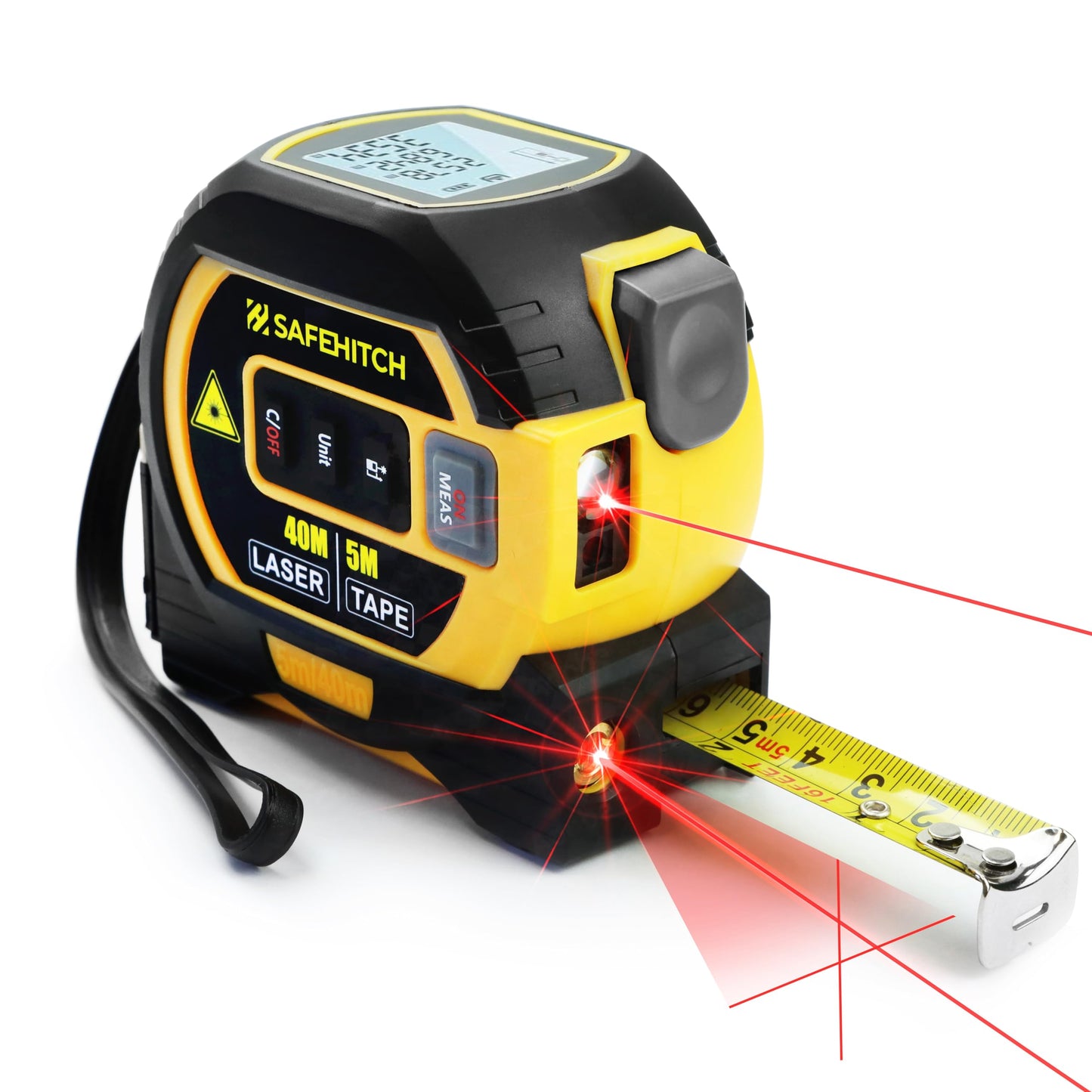 SAFEHITCH - 3 In One Tape Measure - Laser measure - Vertical Cross Line - Digital Laser Distance Meters - LCD Display - 40M Laser Measure - 5M Tape