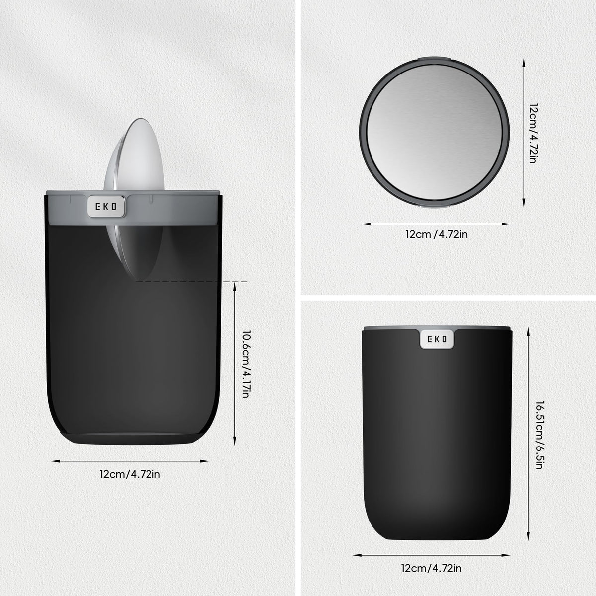 EKO Mini Desk Trash Can with Swing-Top Lid 0.4 Gallon Small Table Round Wastebasket for Office, Home, Car (Black)