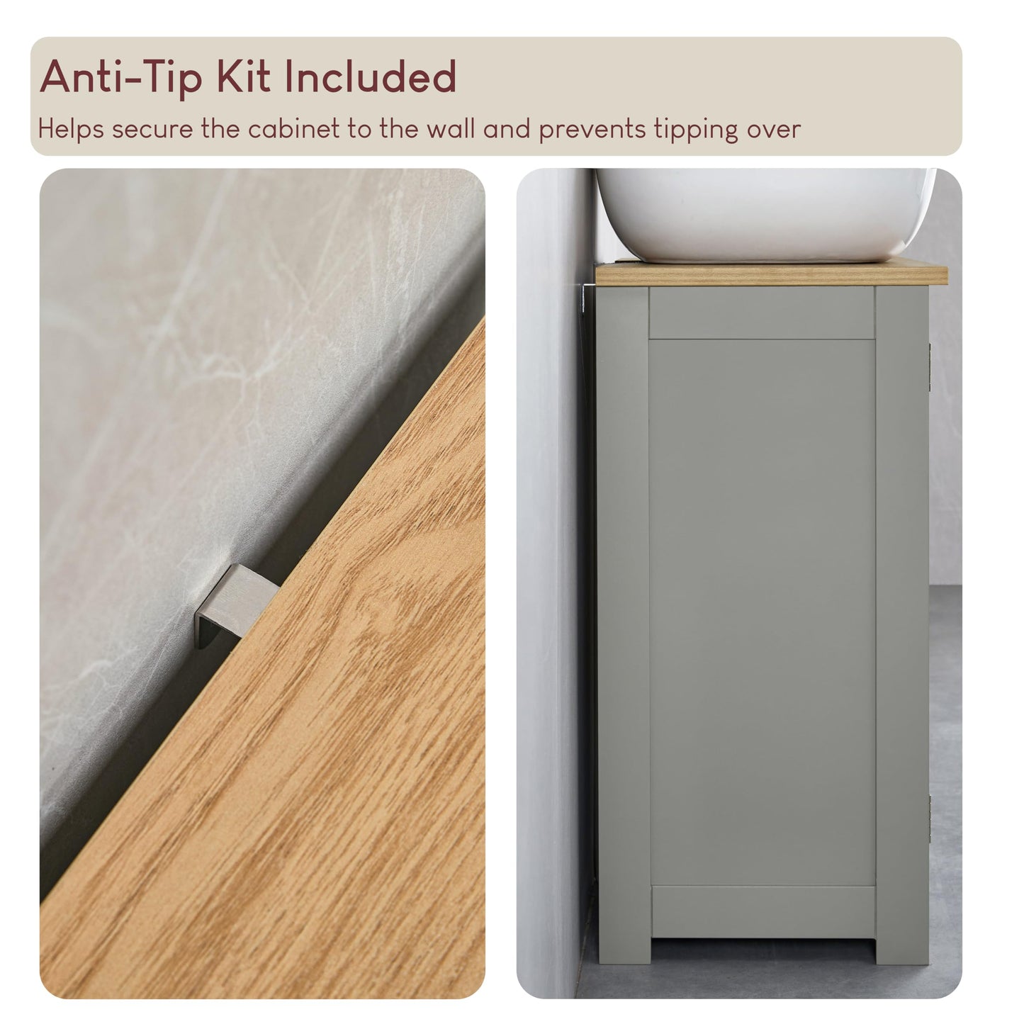 Bath Vida Priano 2 Door Under Sink Cabinet | Grey & Oak | 60 H x 60 W x 30 D cm | Adjustable Shelf Space | Freestanding Storage Basin Unit | Compact