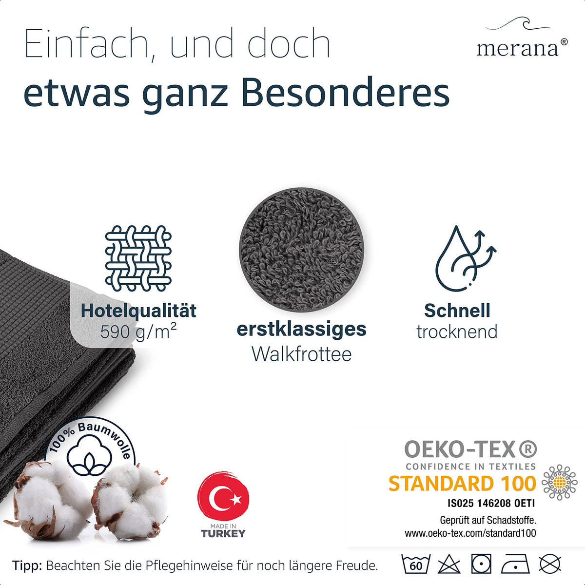 Merana Rome Hand Towel Set, Absorbent, Soft and Lint-, Terry Shower Towel in Luxury Quality, Heavy Organic Cotton, 590 GSM