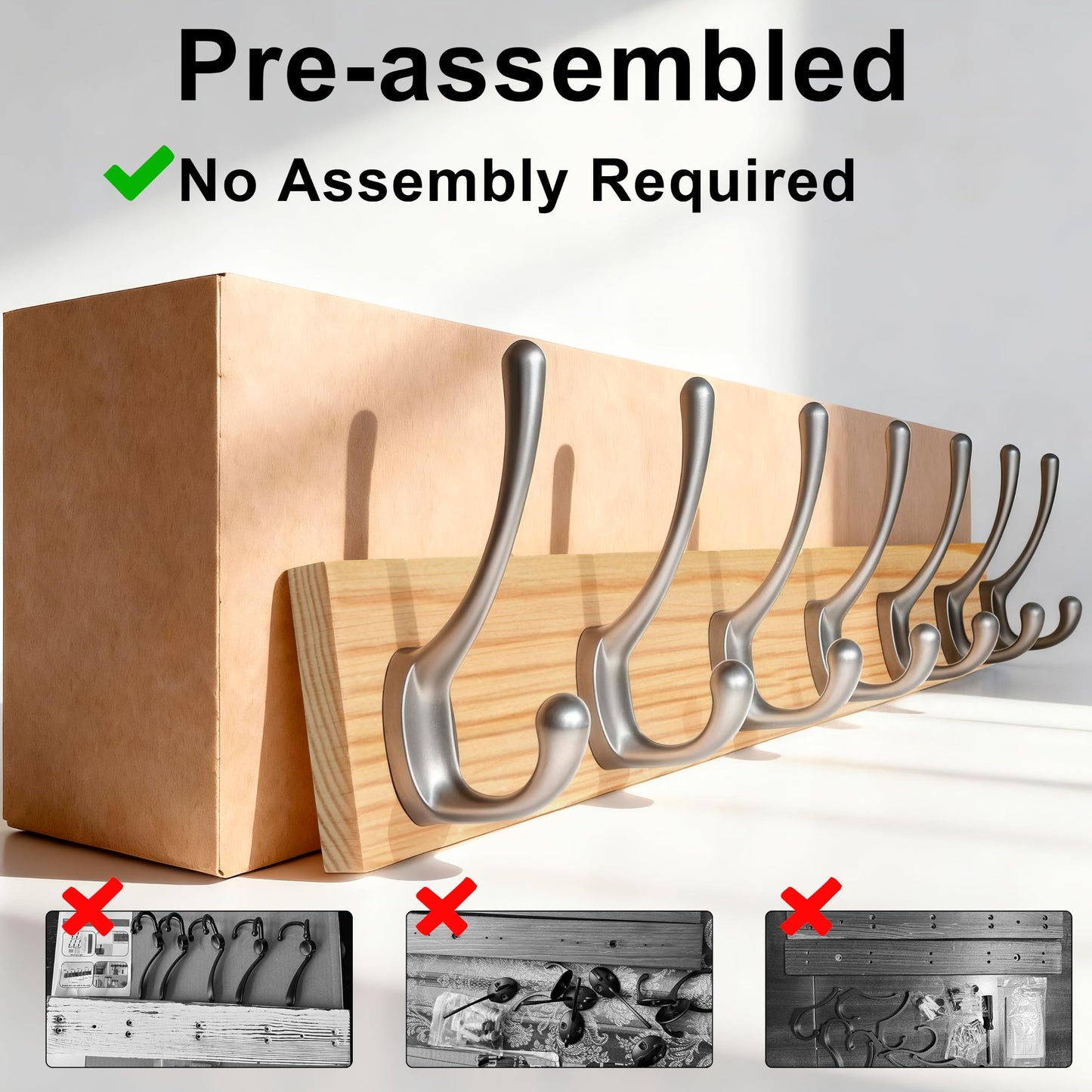 HONSKY Wall Coat Rack - 7 Double Hooks (50cm) | Wooden & Metal Towel/Coat Hanger for Entryway, Bathroom, Bedroom, Garage | Easy Install
