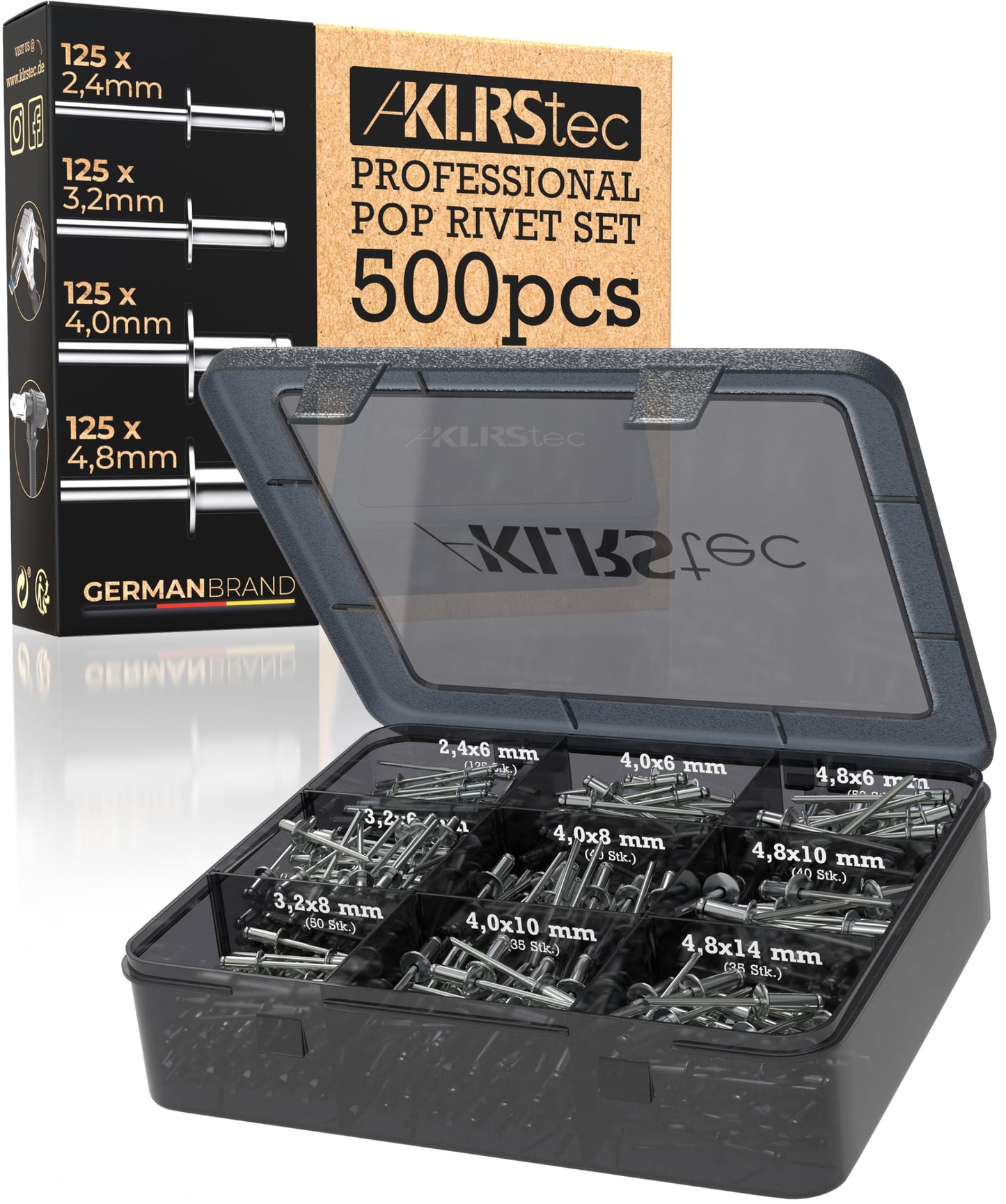 KLRStec Professional Pop Rivets Assortment Kit [500pcs] Aluminum Rivets for Rivet Guns 125pcs Each Size (2,4mm, 3,2mm, 4,0mm, 4,8mm)