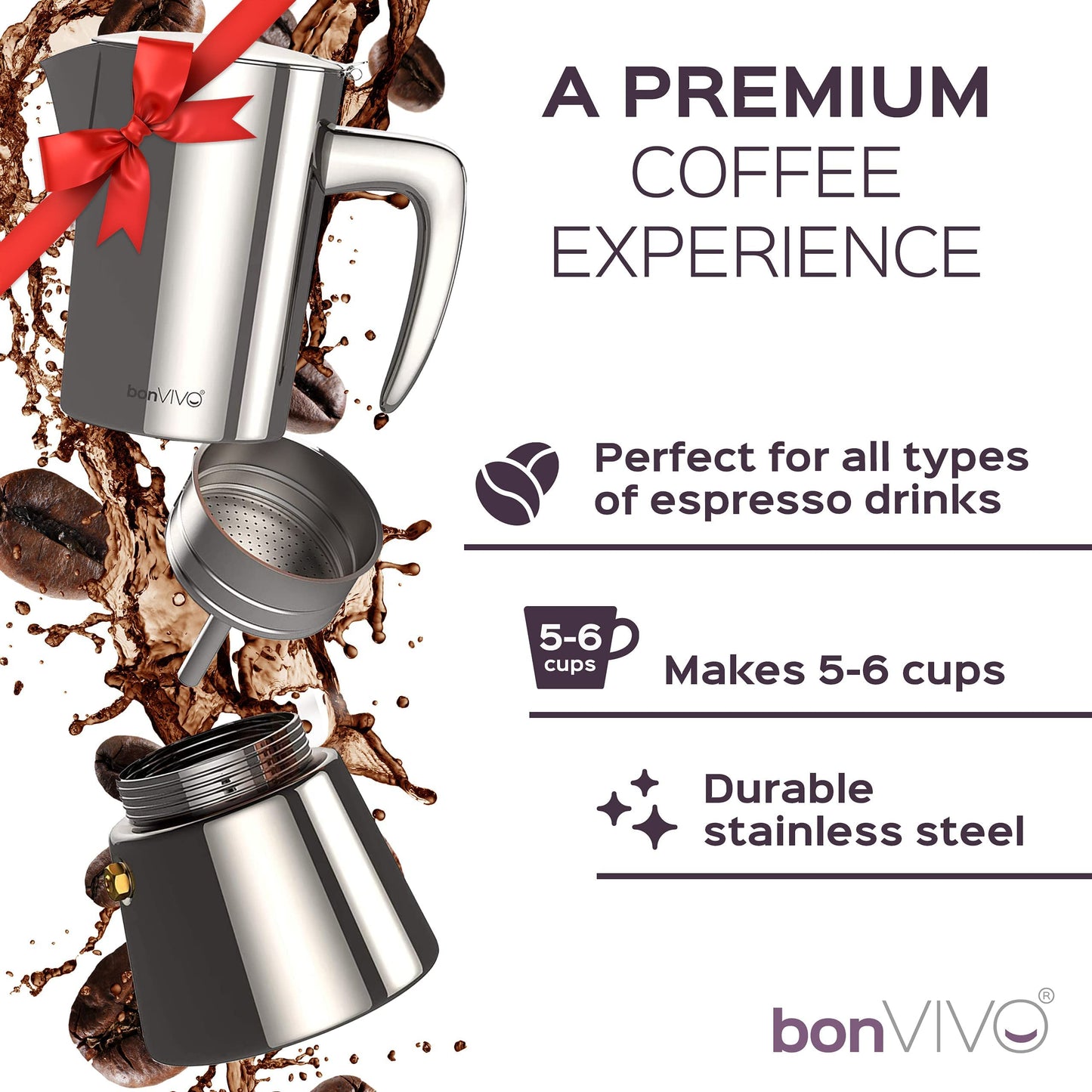 bonVIVO Moka Pot - 6 Cup Intenca Stainless Steel Espresso Maker w/Black Finish - Stove Top Italian Coffee Maker - 300ml Cup Coffee Pot - Gifts for Men
