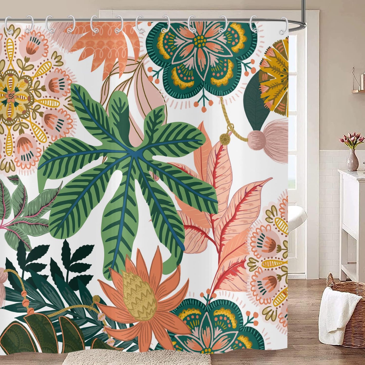 Hnmdmyi Boho Floral Shower Curtain 180x200, Abstract Bohemian Flowers Tropical Leaves Colorful Bathroom Curtains Mid Century Modern Aesthetic Art