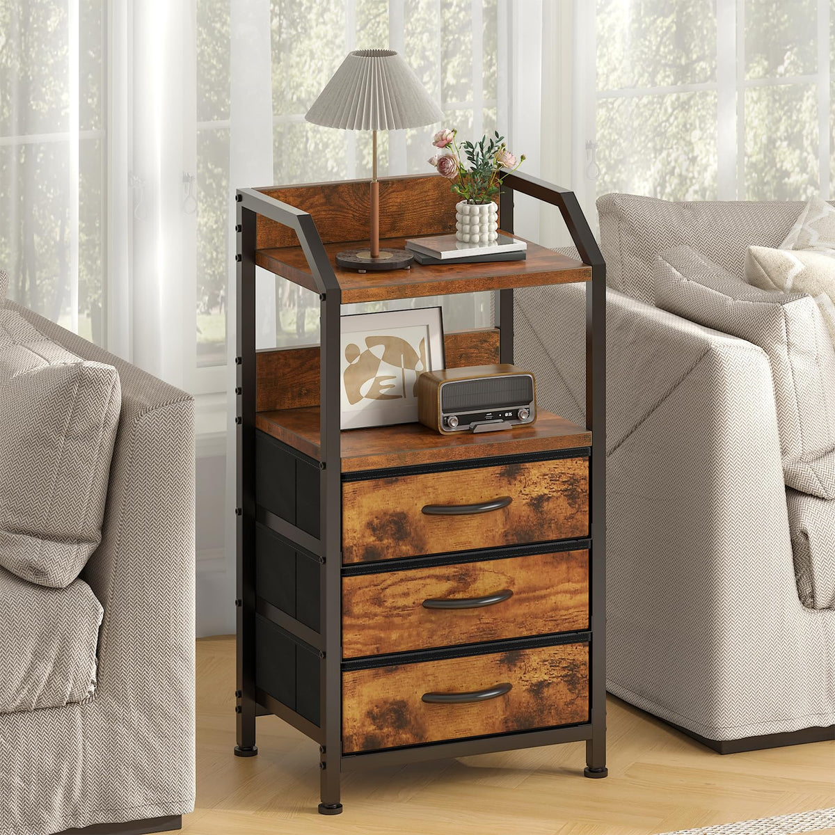 Feonase Bedside Table with 3 Fabric Drawers & Open Shelf, Nightstand for Bedroom, Living Room, Small Spaces – Metal Frame & Wooden Top