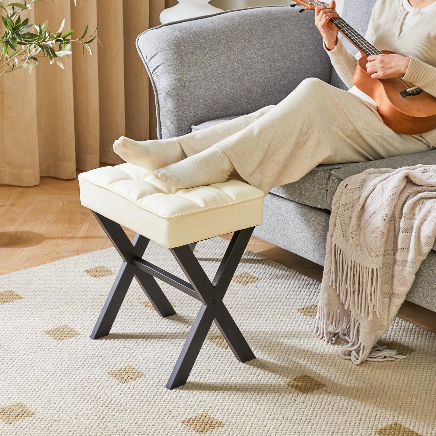 IBUYKE Square Makeup Stool with X-Leg, PU Vanity Chair, White L/G-71W