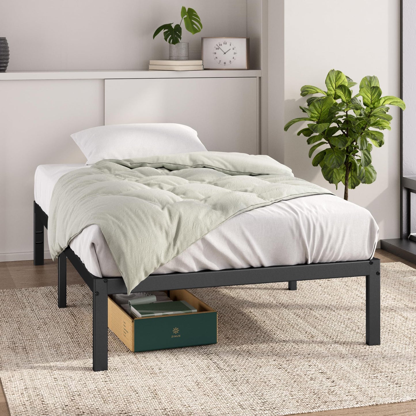Zinus Elias Single Bed frame - Bed 90 x 190 cm - 36cm Height - Metal Bed frame with underbed storage and steel slat support - Black