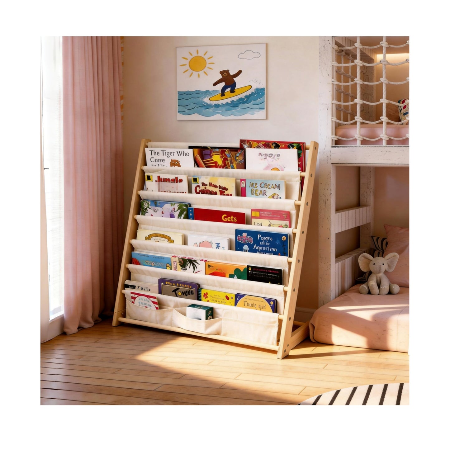 NCEDNㅤ Upgraded 7-Tier Kids' Bookshelf - Wooden Children’s Bookcase Storage Rack with Sling Pockets, Easy Access Book Display Shelf for Toddler
