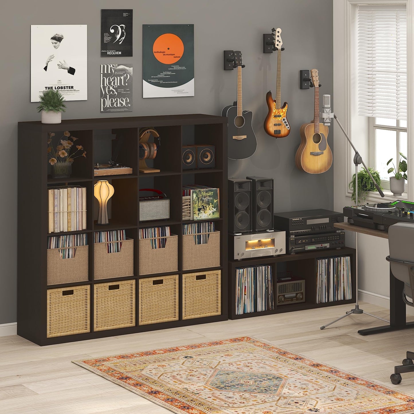 Furinno CUBICLE Record Player Stand with Vinyl Storage, 3-Cube 1.2 Extra Thick Vinyl Record Storage