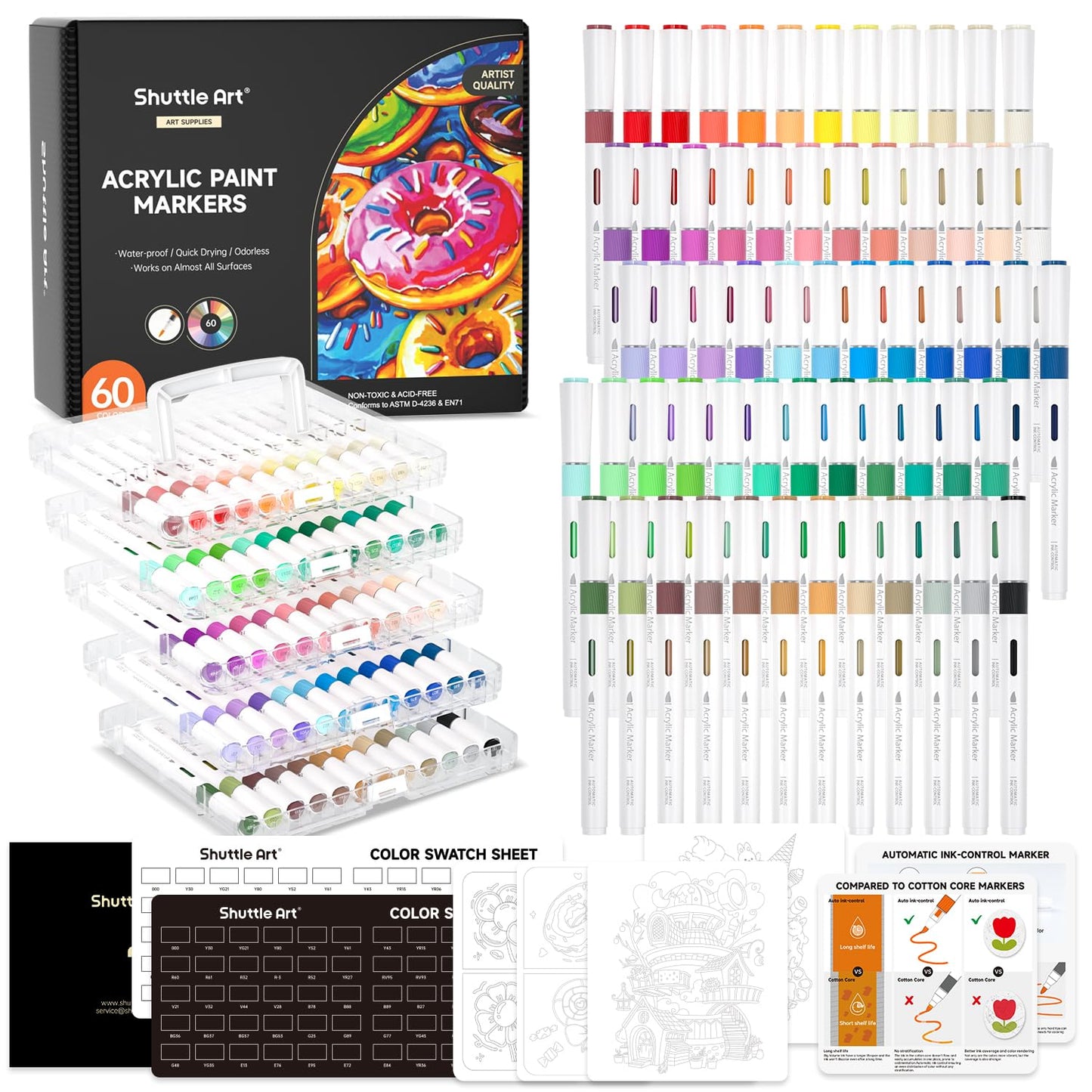 Shuttle Art Automatic Ink Control Acrylic Paint Pens, 60 Colours Brush Tip Paint Marker Pens, Paint Pen for Rock Painting Ceramic, Wood, Fabric,