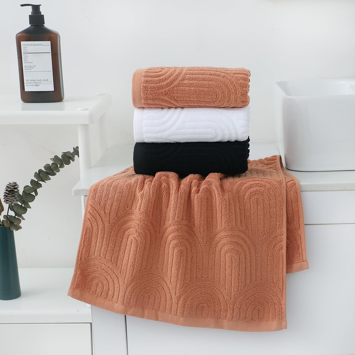 Pidada Hand Towels Set of 4 Striped Pattern 100% Cotton Absorbent Soft Decorative Towel for Bathroom (Burnt Orange)