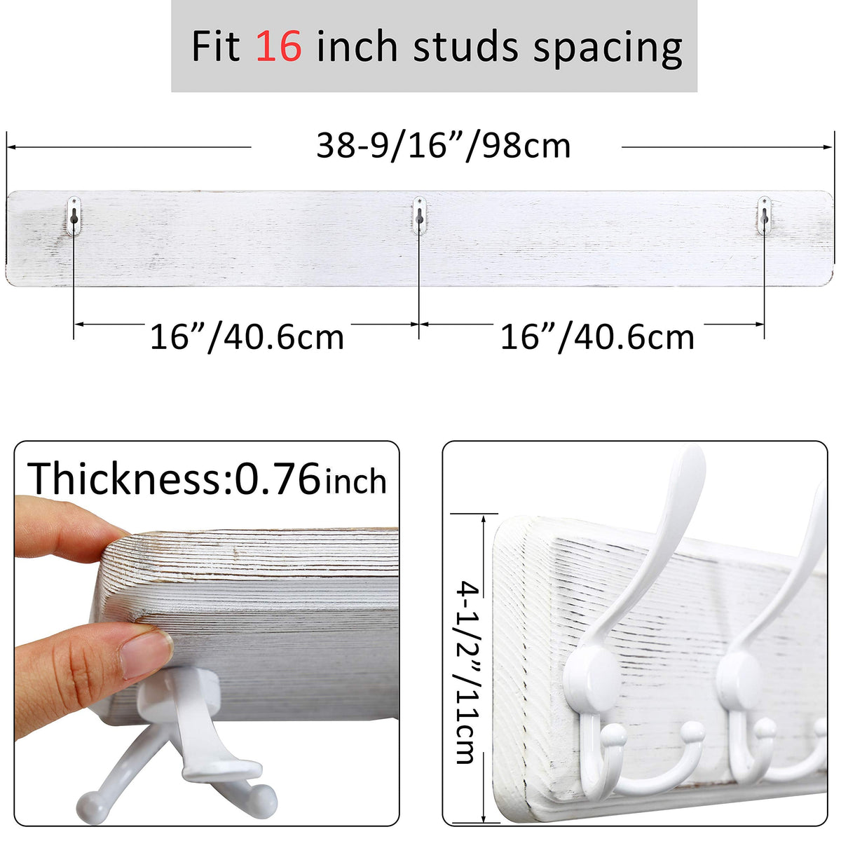 WEBI Coat Rack Wall Mount,98cm Long,10 Triple Hooks,Wood Coat Hooks Wall Mounted,Large Coat Hanger Wall Hook Rack,Hooks for Hanging