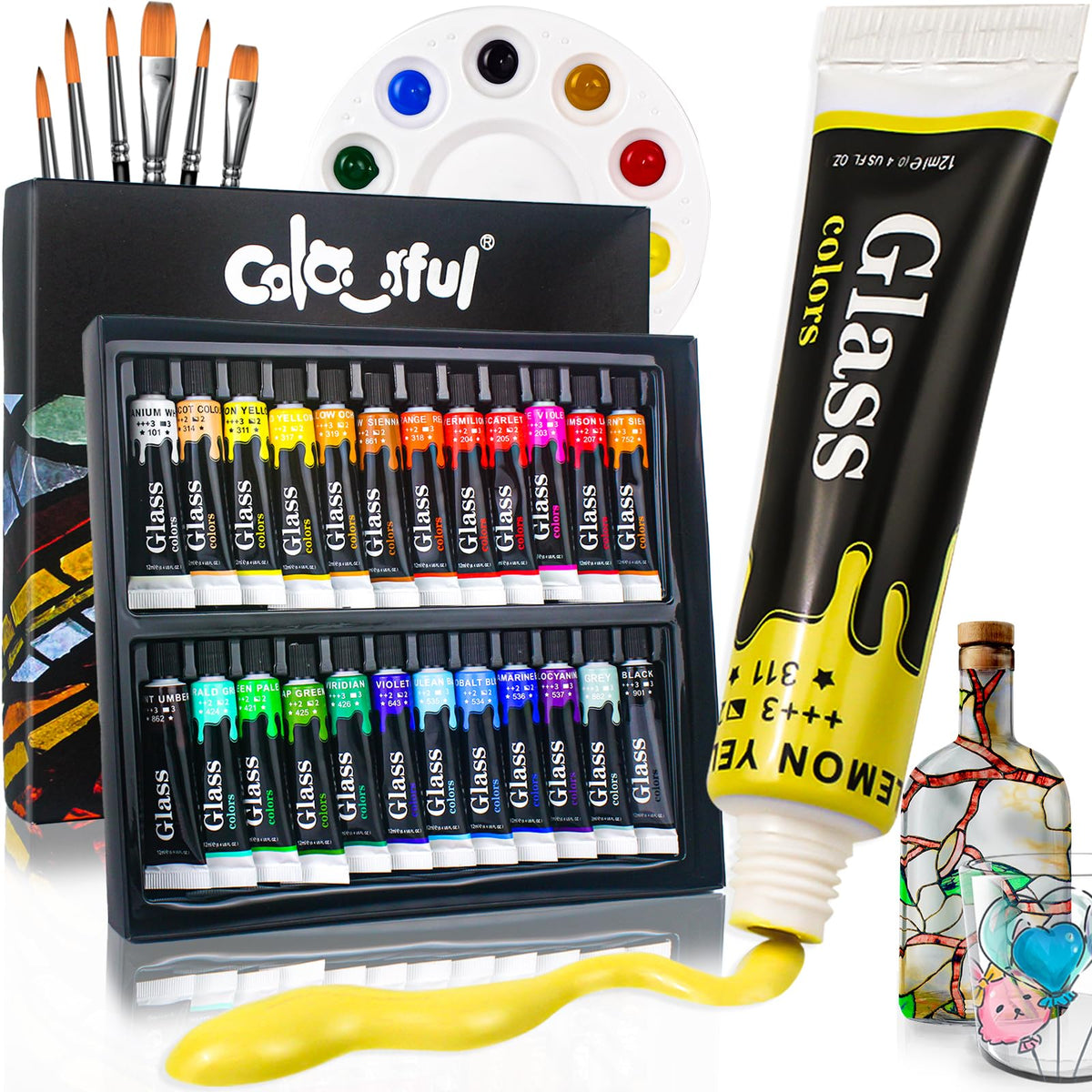 COLORFUL Glass Paint Set with 6 Nylon Brushes, 1 Palette, 24 Colors Waterproof Acrylic Glaze for Kids to Create Art on Clear Wine Glasses, Bulbs,