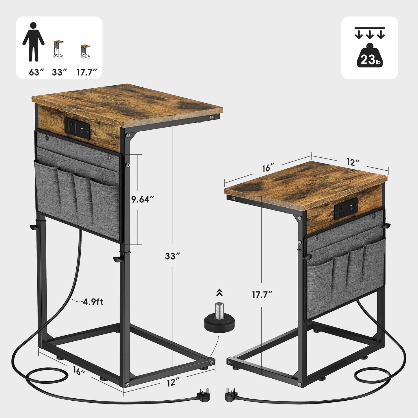 Vagusicc C-Shaped Side Table with Charging Station, Height Adjustable Sofa Side Table, Bedside Table, End Table for Small Spaces