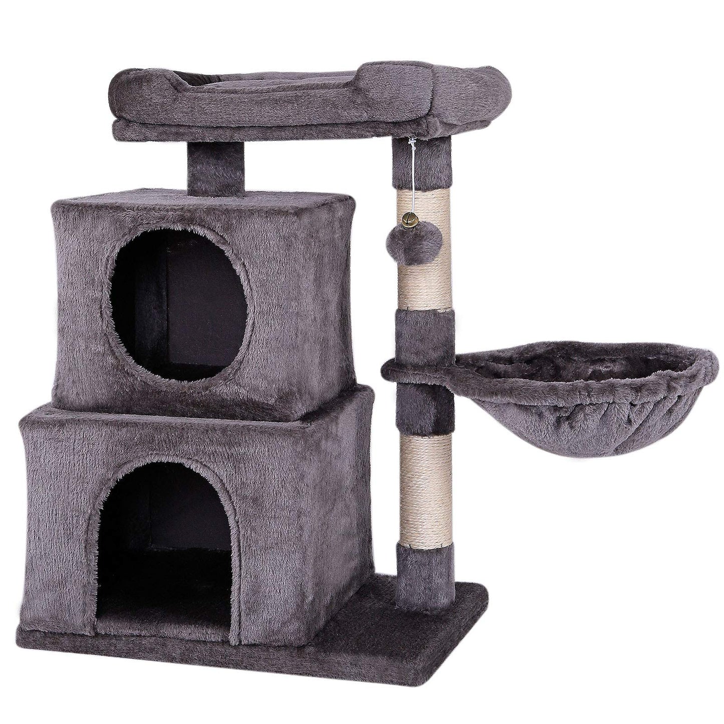 lionto Cat Scratching Post with Plush Ball Including Bell and Lounger Height 70 cm Cat Tree with Sisal & Plush, Cosy Lying Surface and Caves, Suitable
