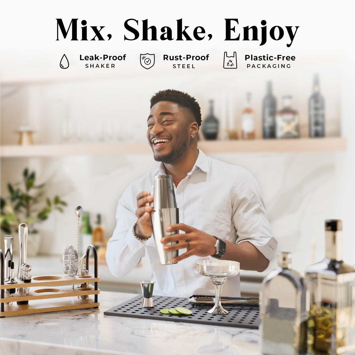 BARE BARREL Cocktail Making Kit | 14-Piece Bartender Kit Cocktail Shaker Set Maker | Display Stand & 35 Recipe Cards | Mixology Cocktail Gift Set
