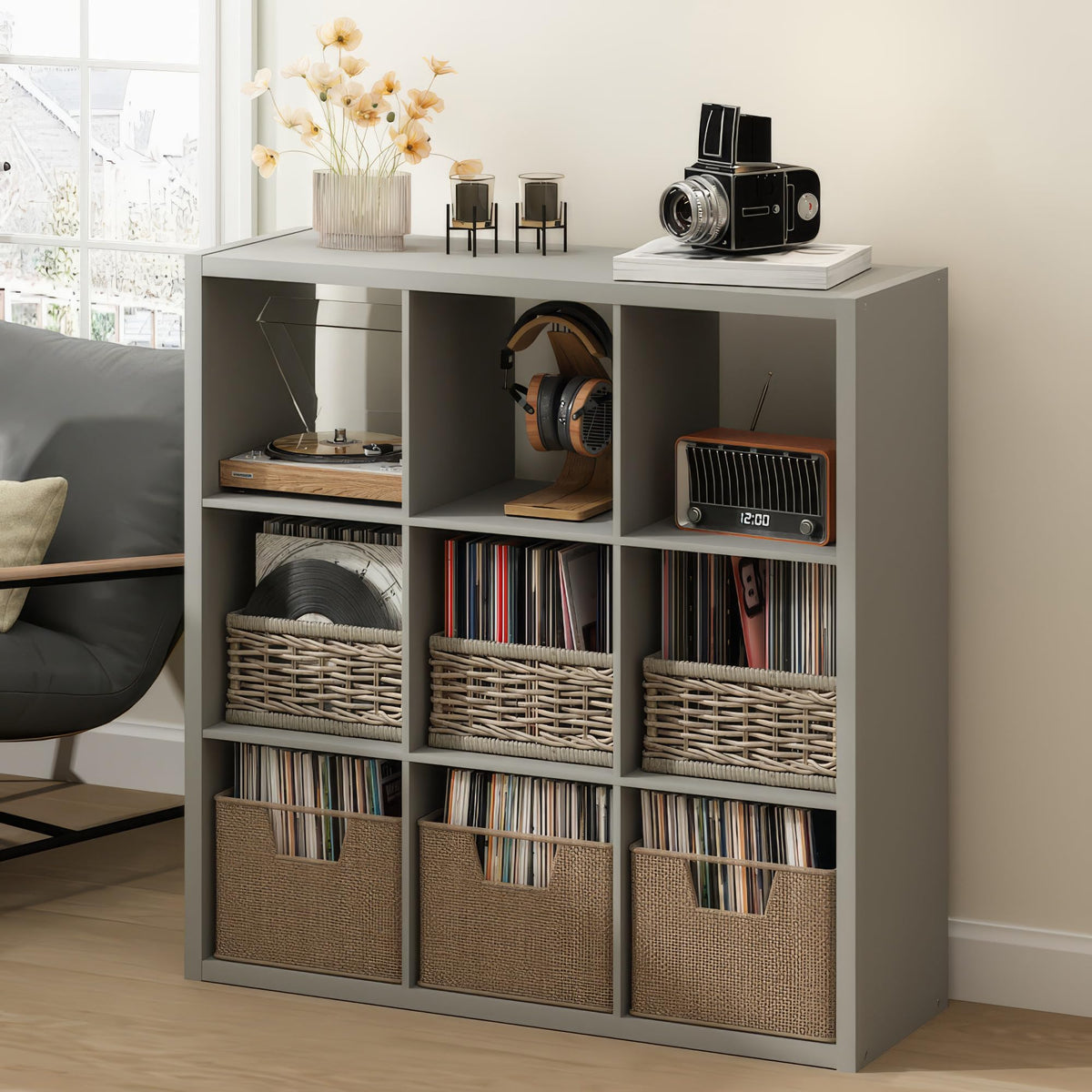 Furinno CUBICLE Record Player Stand with Vinyl Storage, 9-Cube 1.2 Extra Thick Vinyl Record Storage