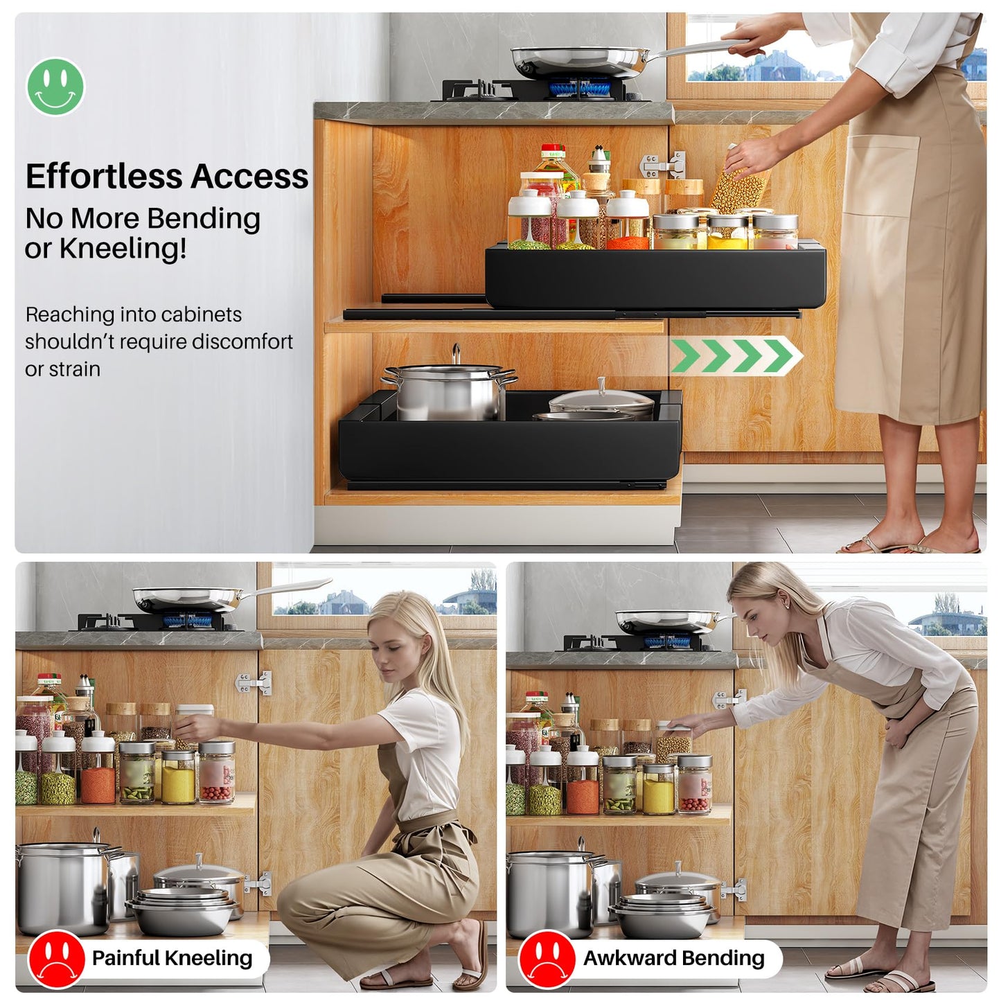 Kitstorack Pull Out Cabinet Organiser, Extendable Slide Out Drawer Storage Shelves for Kitchen Cupboard with Adhesive Film, Roll-Out Sliding Drawer