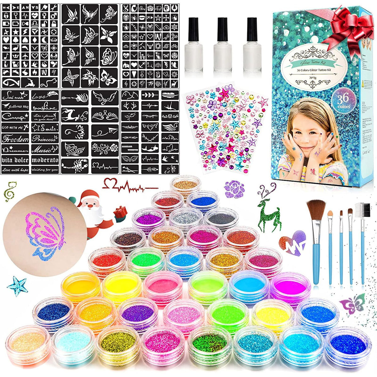 Glitter Tattoos for Kids, Temporary Tattoo Kit - 36 Colours Glitter, 182 Stencils, 6 Fluorescent, 215 Rhinestones, Skin Friendly Flash Make Up for