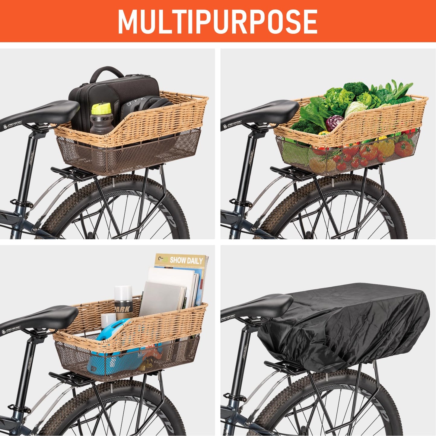 Large Rear Bike Basket, 25L Woven Basket with Load Capacity up to 20 kg – Metal Base Weatherproof & Rust-Free – for E-Bike and Electric Bicycle