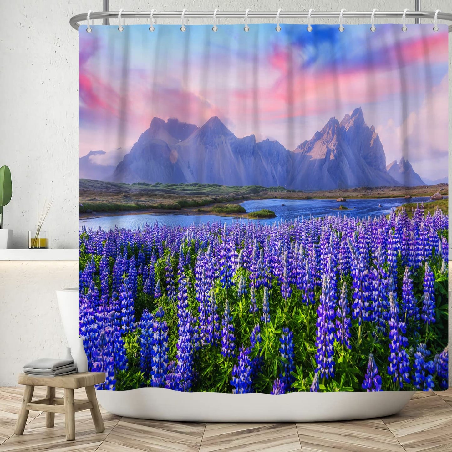 ASDCXZ Landscape Shower Curtain 180x200 cm, Graceful Natural Landscape Purple Lavender Flower Sea Mountains Washable Shower Curtains Polyester Textile
