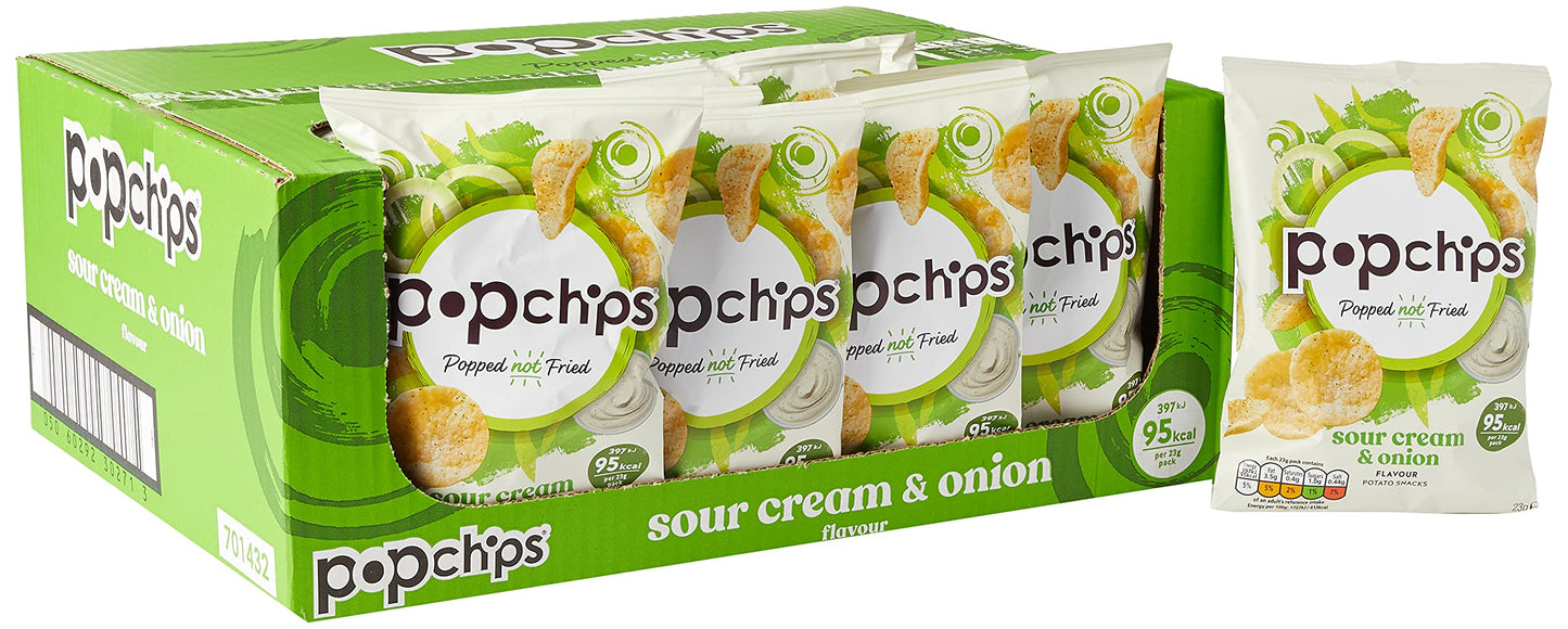popchips - Sour Cream and Onion Popped Potato Chips 23 grams (Pack of 24) Popped not Fried, No Artificial Flavours or Colours, Suitable for Vegans