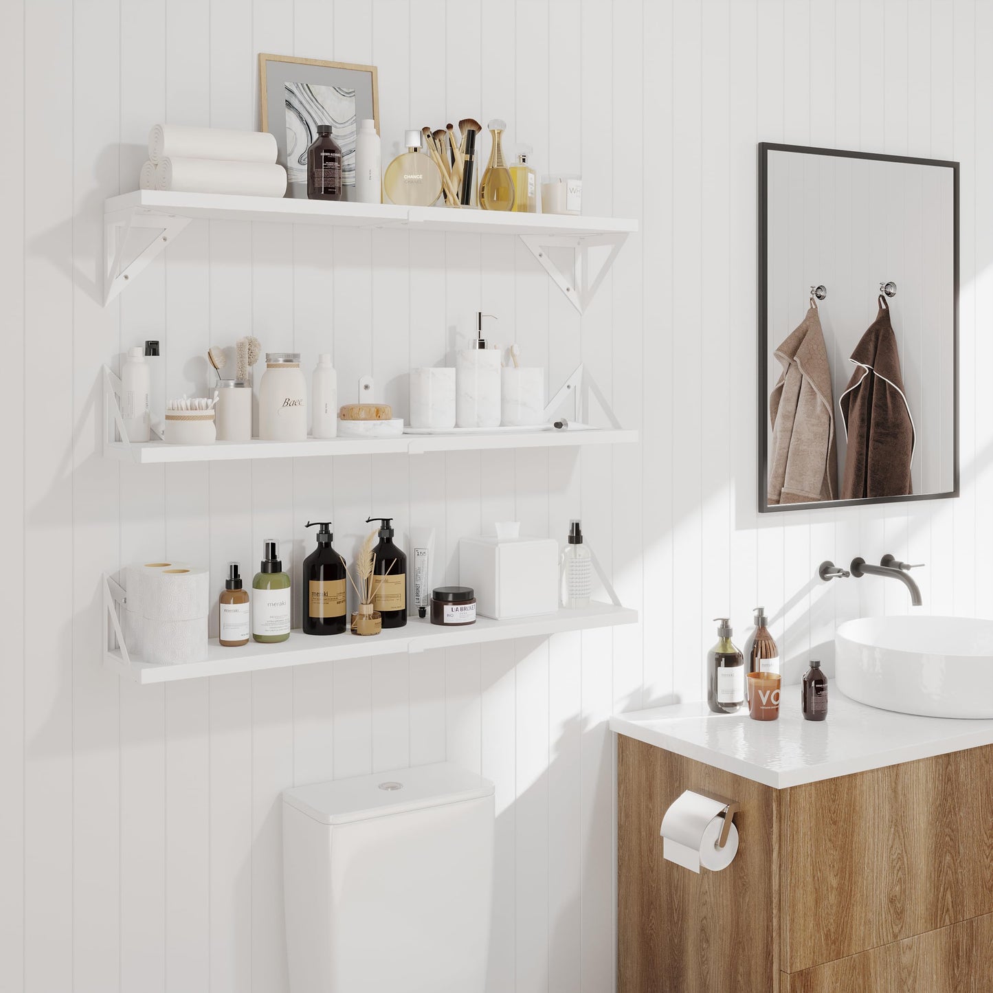 CASSA Wall Mounted Floating Book Shelves for Wall Set of 3, Shelf Bookshelf for Bedroom Living Room Office Bathroom Kitchen Rustic Wood with Metal