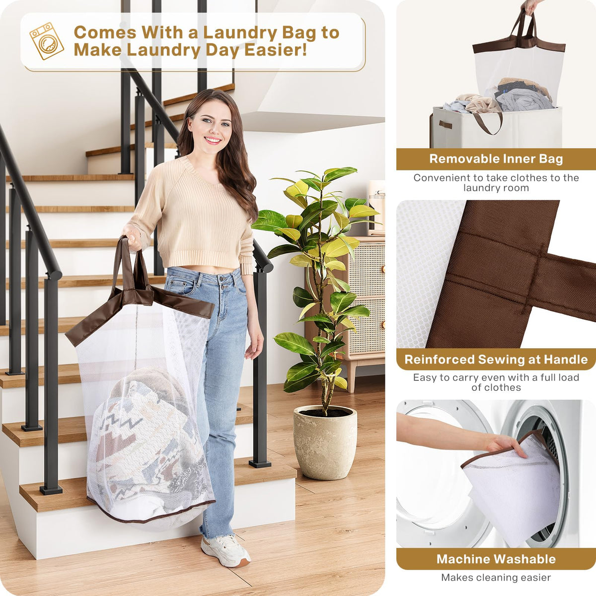 SOLEDI 145L Laundry Basket with Lid and Removable Bags, Large Laundry Hamper Collapsible Laundry Basket with 2 Compartment, Washing Basket for Laundry