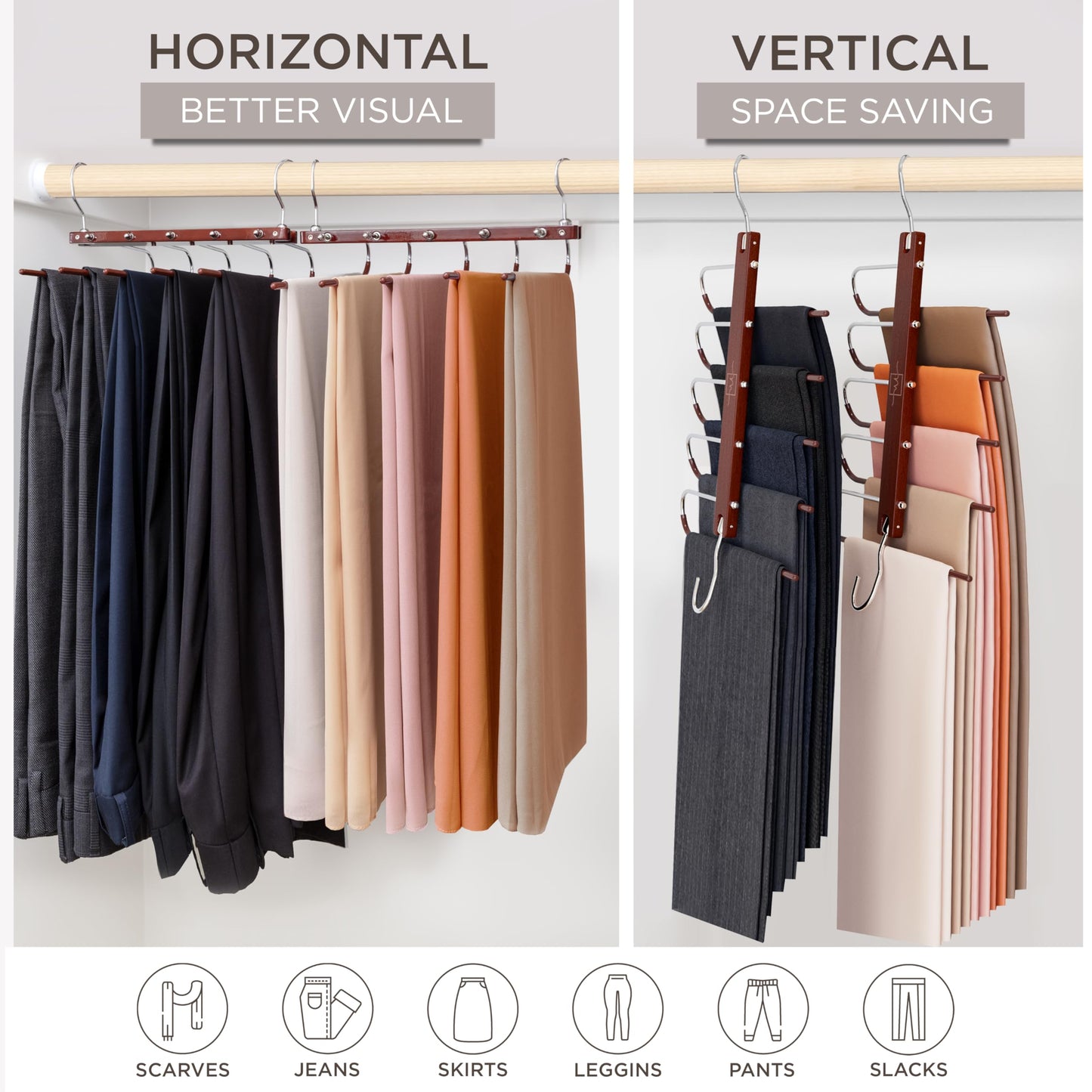 MORALVE Trousers Hangers Space Saving - 2 Pack European Beechwood Scarf and Jeans Hangers - Wardrobe Organiser and Space Saver Trouser Rack