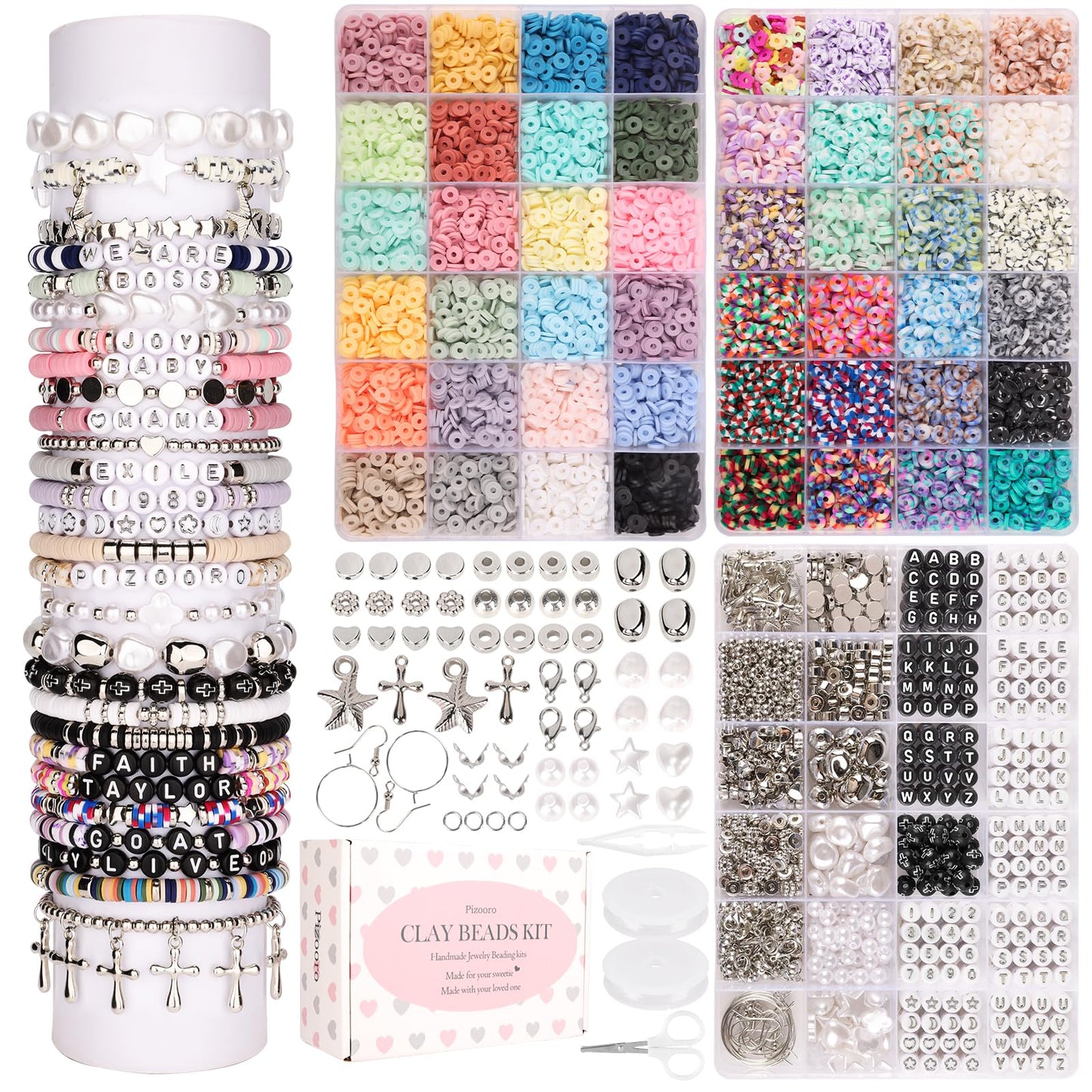 Pizooro Bracelet Making Kit 3 Boxes,Clay Beads for Jewelry Making,Silver Letter Bead with Cross Charm,Silver Earrings and Elastic String,Friendship
