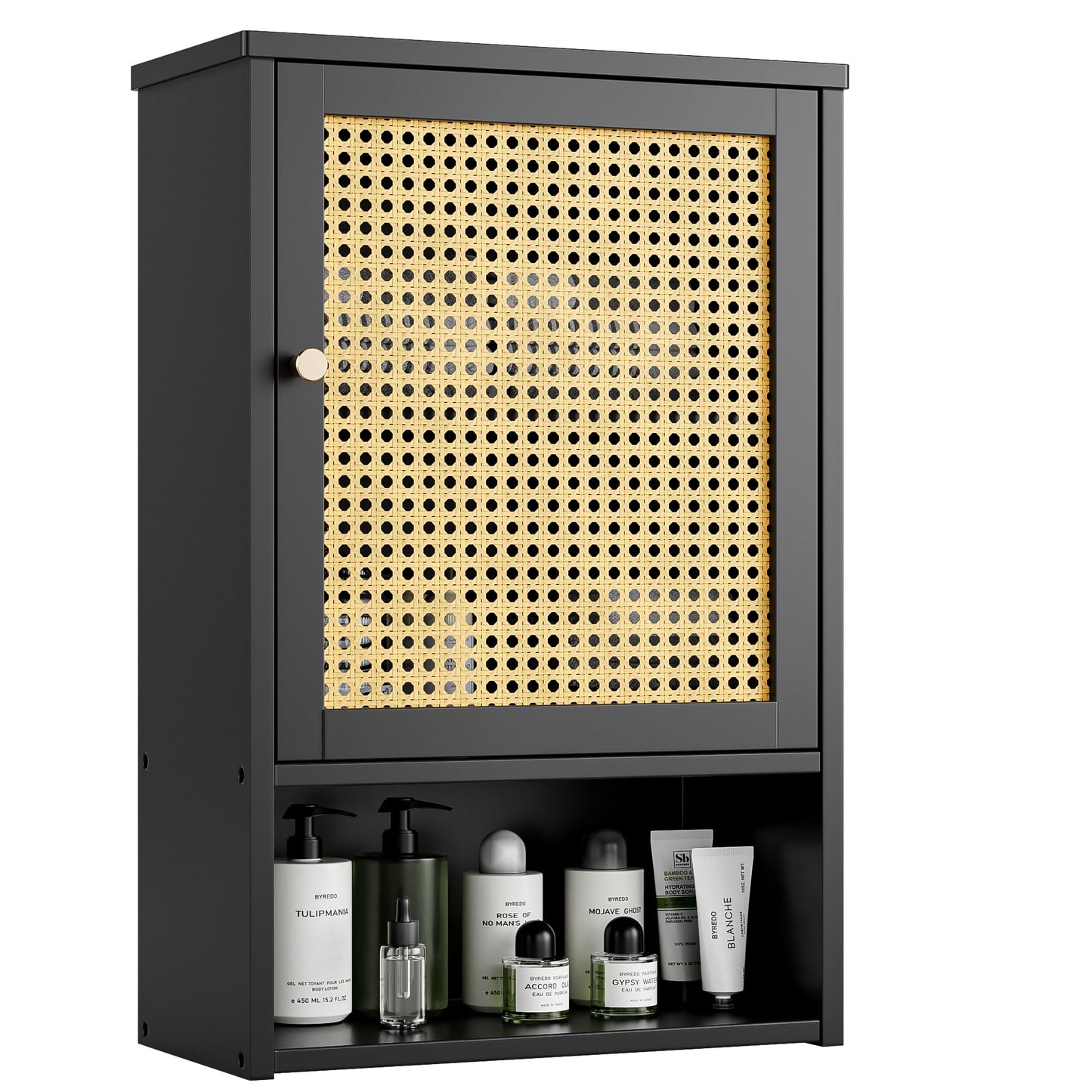vovala Bathroom Wall Cabinet, Bamboo Over-The-Toilet Storage Organizer with Rattan Doors and Adjustable Shelf