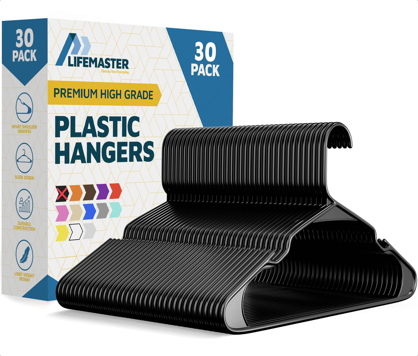 Lifemaster Plastic Clothes Hanger Set - 30 Pieces Versatile, Lightweight, Space-Saving, Non-Slip, Slim Designed, Dry and Wet Clothes Hanger Set
