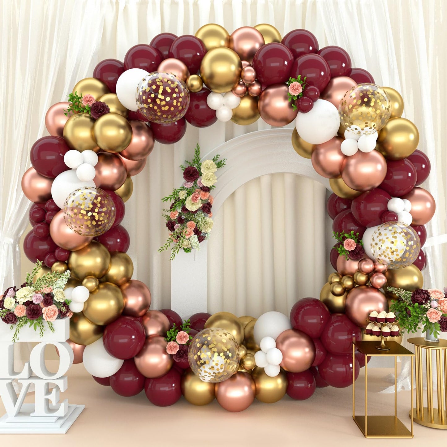 Burgundy Balloon Arch Kit, 137Pcs Wine Red Balloon Garland with Rose Gold White Gold and Confetti Balloons for Ruby Wedding Anniversary Decorations,