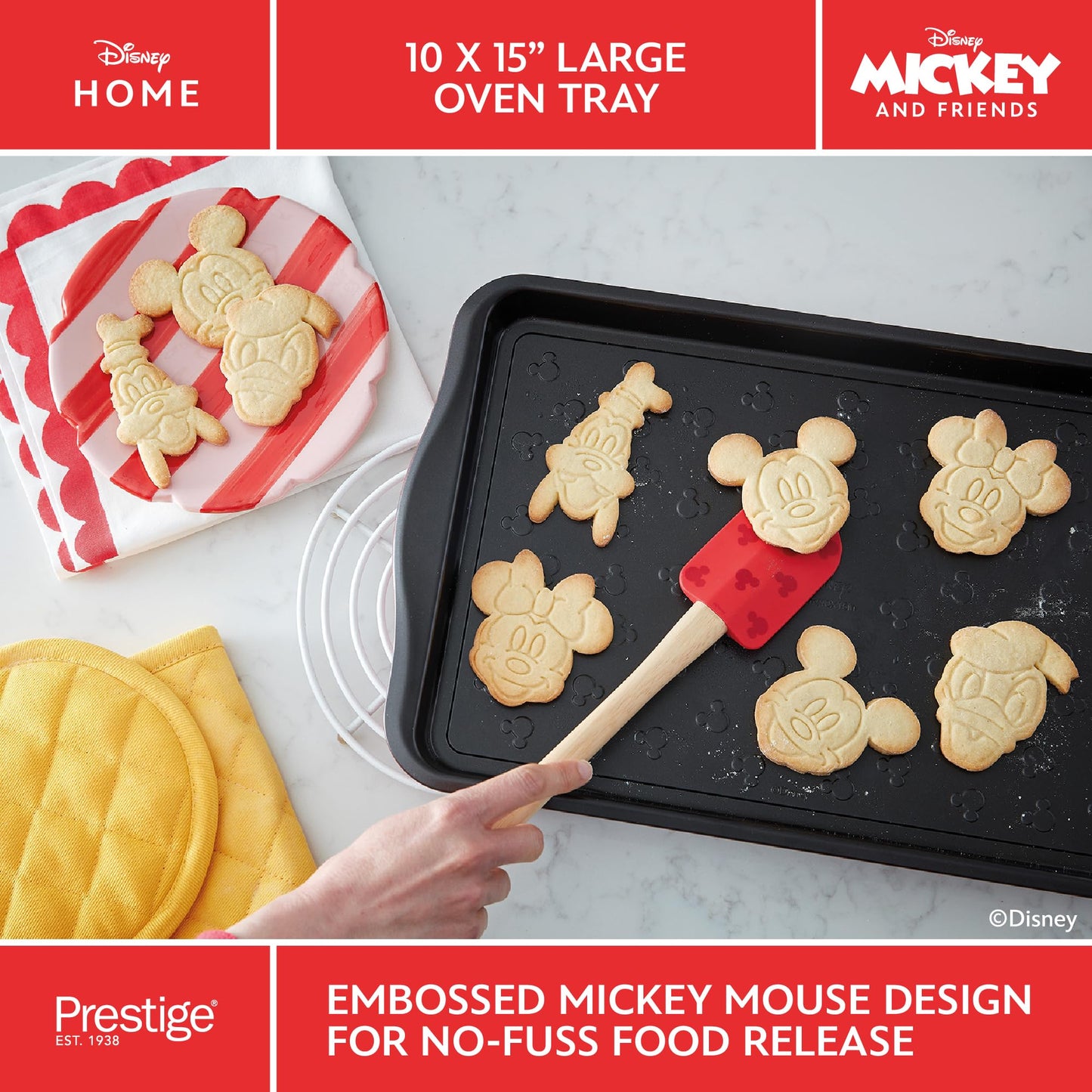 Prestige New Disney Bake with Mickey Mouse Bakeware Set with Non Stick Oven Tray 10" x 15", Cookie Cutter Set of 4 and Silicone Rolling Pin 45cm, Red"