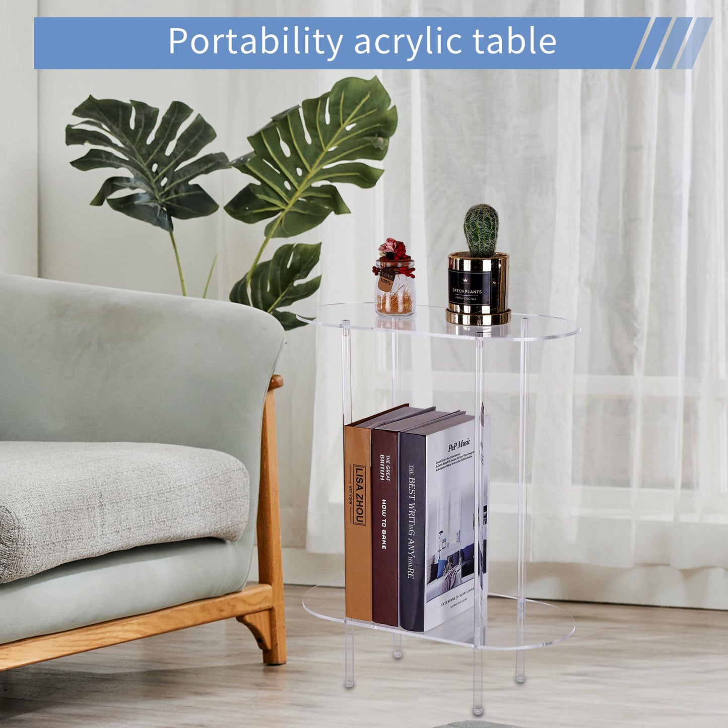 Coolcapis Clear Acrylic Side Table – Small Acrylic End Table, Thin Bedside Night Stand Skinny Living Room Clear Office furniture (Oval)