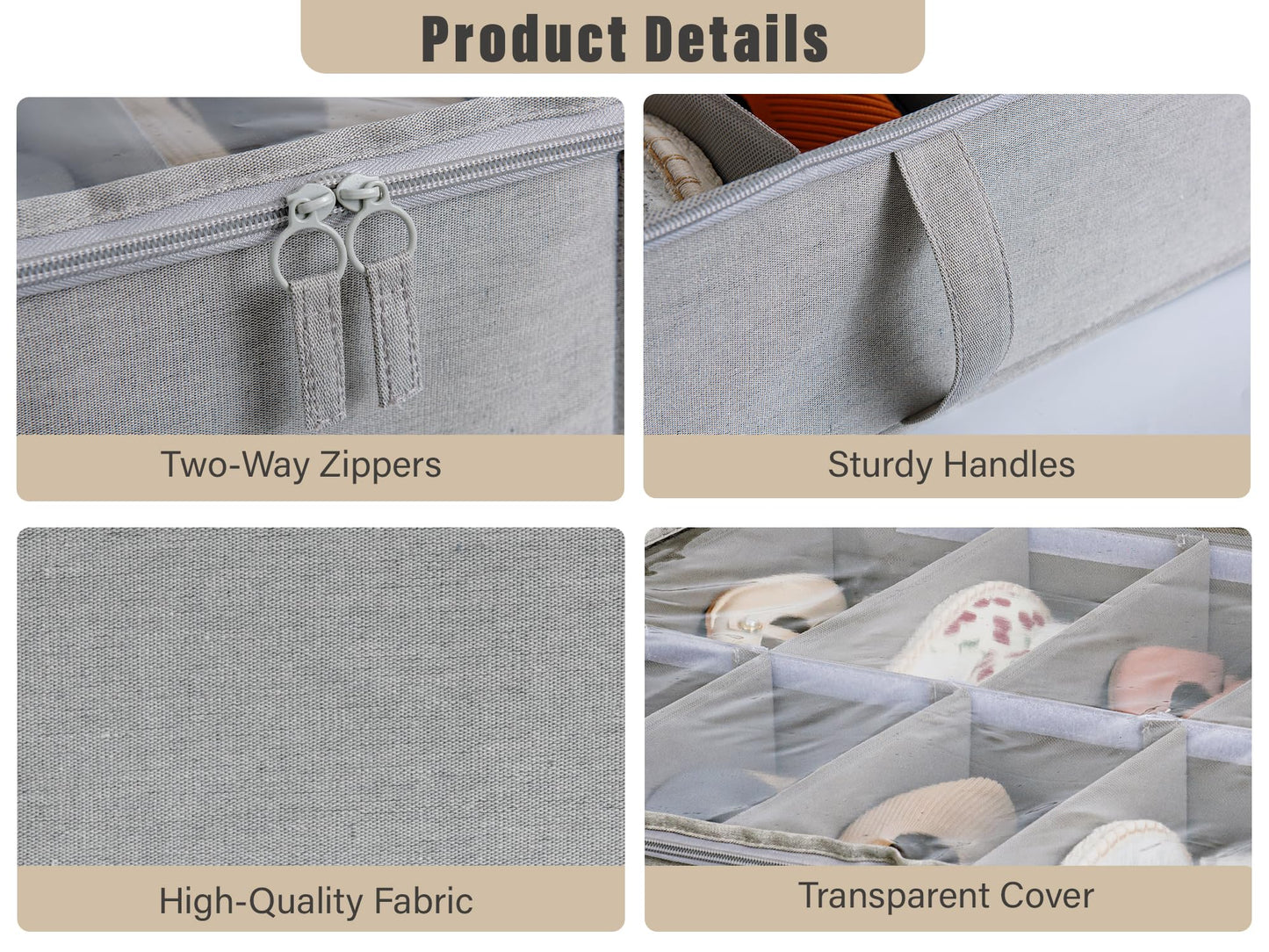 StorageWorks Under Bed Shoe Storage Organizer, Underbed Shoes Container with Adjustable Dividers, Shoe Storage Basket with Cover, Grey, 2-Pack,
