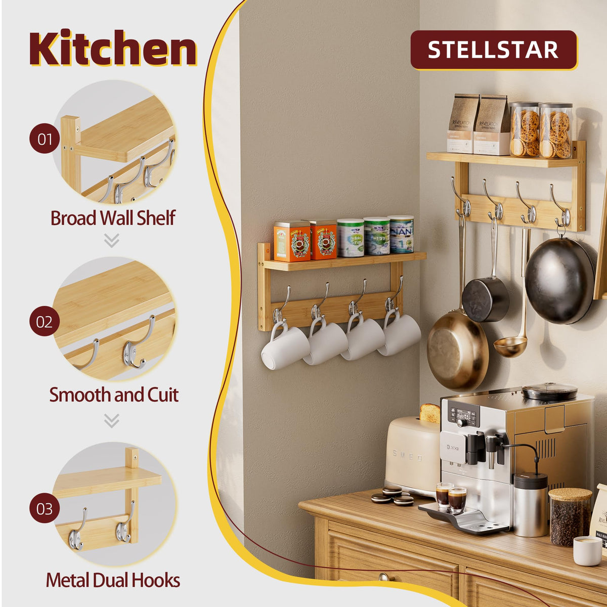 STELLSTAR Coat Rack with Shelf, 2 Pack Bamboo Wall-Mounted Coat Hanger with 8 Hooks for Entryway, Hallway, Kitchen, Bathroom, Living Room