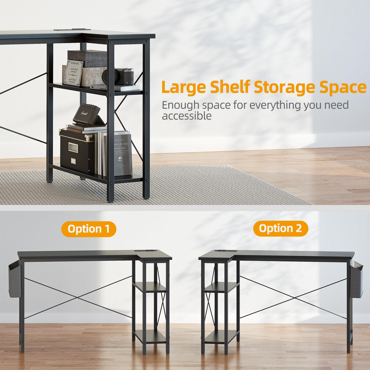 BEXEVUE Small L Shaped Desk with Power Outlets - 120x70cm Gaming Corner Computer Desk Writing Table, Reversible Large Storage Shelves, Bookshelf