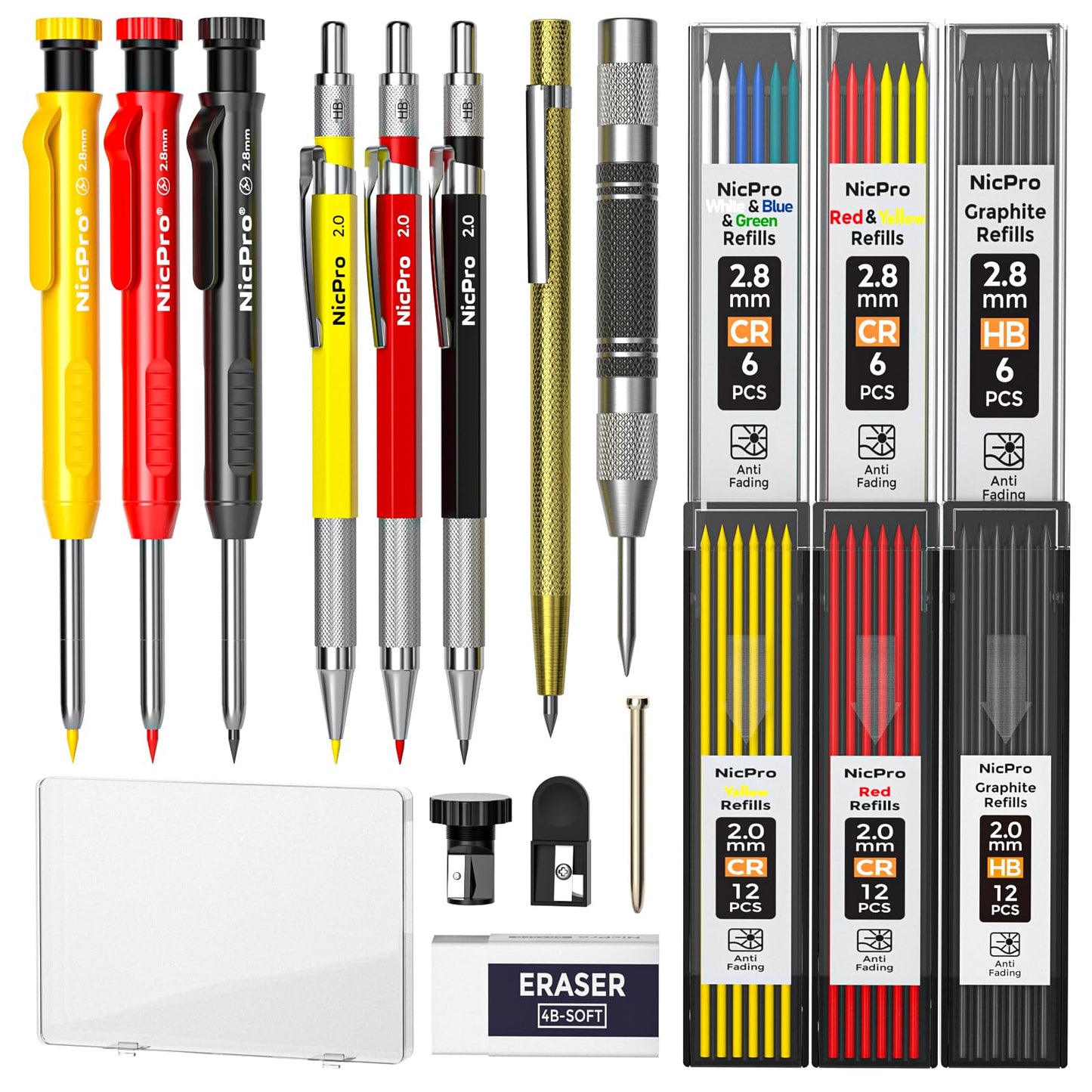 Nicpro 18 Pack Carpenter Pencil Set with Sharpener, Mechanical Carpenter Pencils with 60 Refill, Automatic Center Puncha and Carbide Scribe Tool,