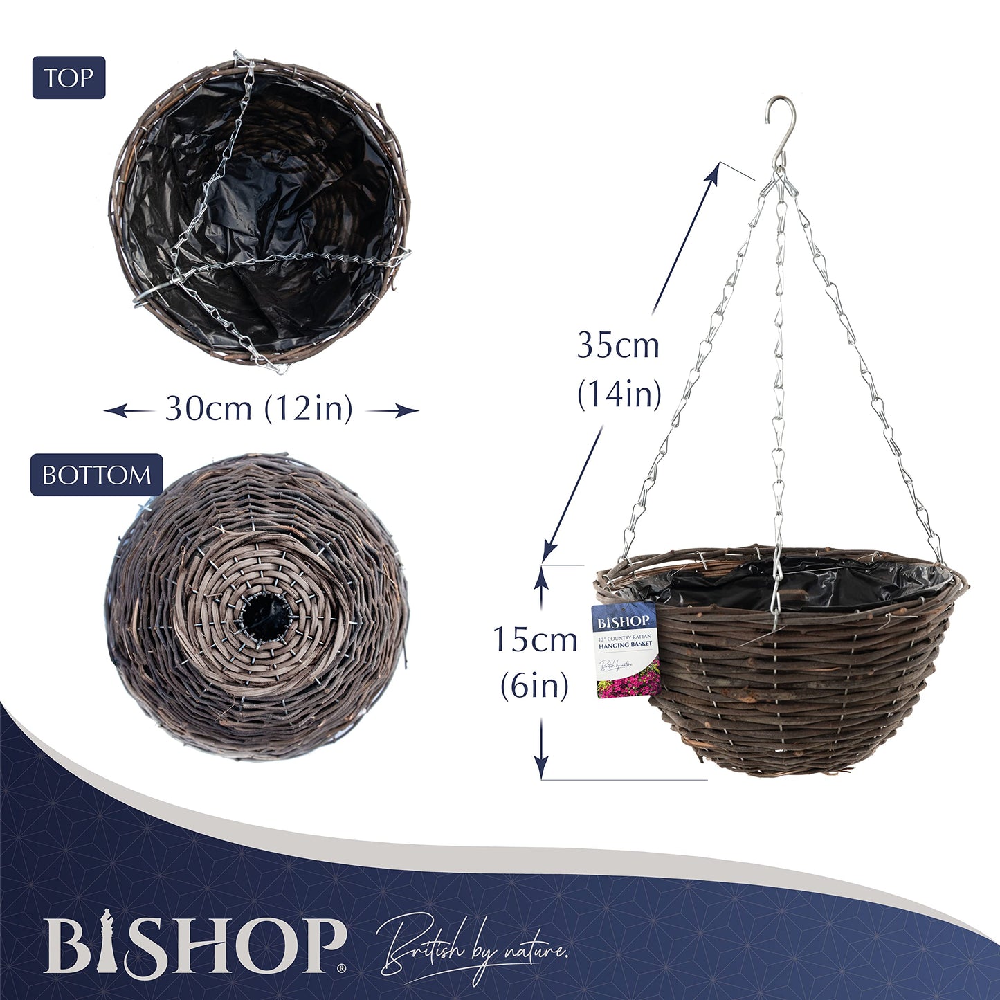 Bishop Rattan Hanging Baskets Outdoor ? Dark Wicker 12 inch Hanging Basket With Liner ? Perfect Gardening Gifts For Women ? Great Looking Garden