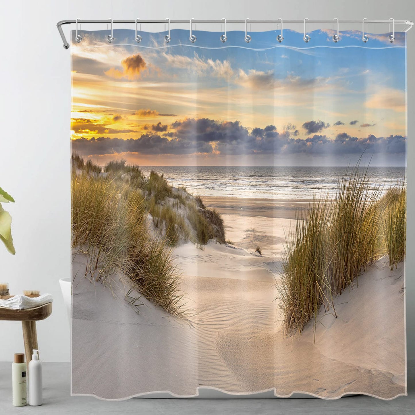 LB Beach Shower Curtain Sunset Scenery Tropical Island Shower Curtains for Bathroom Seascape Polyester Anti Mould Waterproof Extra Long Bath Curtain
