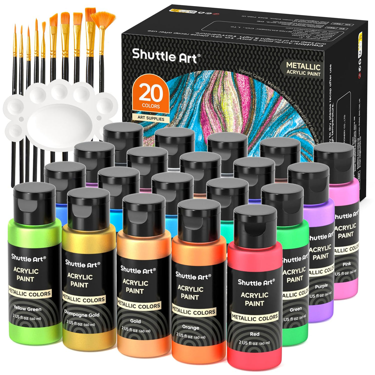 Shuttle Art Metallic Acrylic Paints Set, 20 Colours Metallic Paint in Bottles (60ml, 2oz) with 10 Brushes and Palette, Rich Pigments, Non-Toxic for