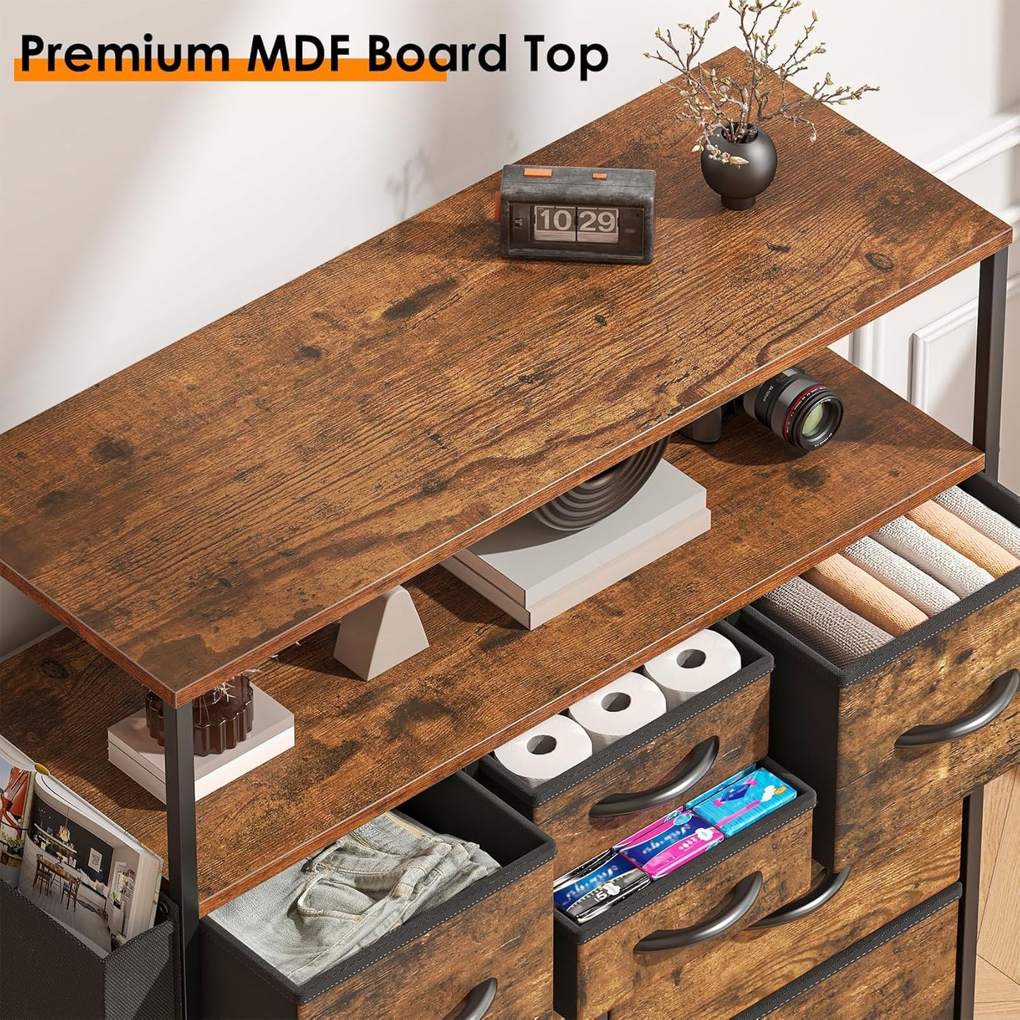 Feonase Chest of Drawers, Bedroom Dresser with 8 Fabric Drawers, Open Storage Shelf, Side Pockets, Wood Top & Metal Frame